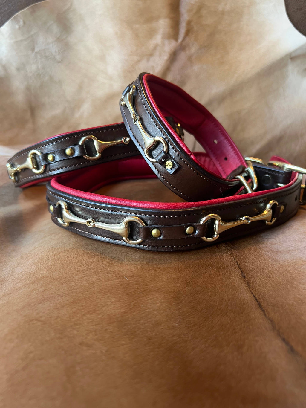 English Riding Snaffle Bit Red Padded Leather Dog Collar