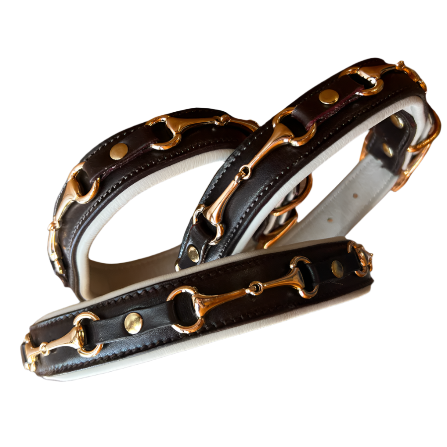 Snaffle Bit White Padded Leather Dog Collar