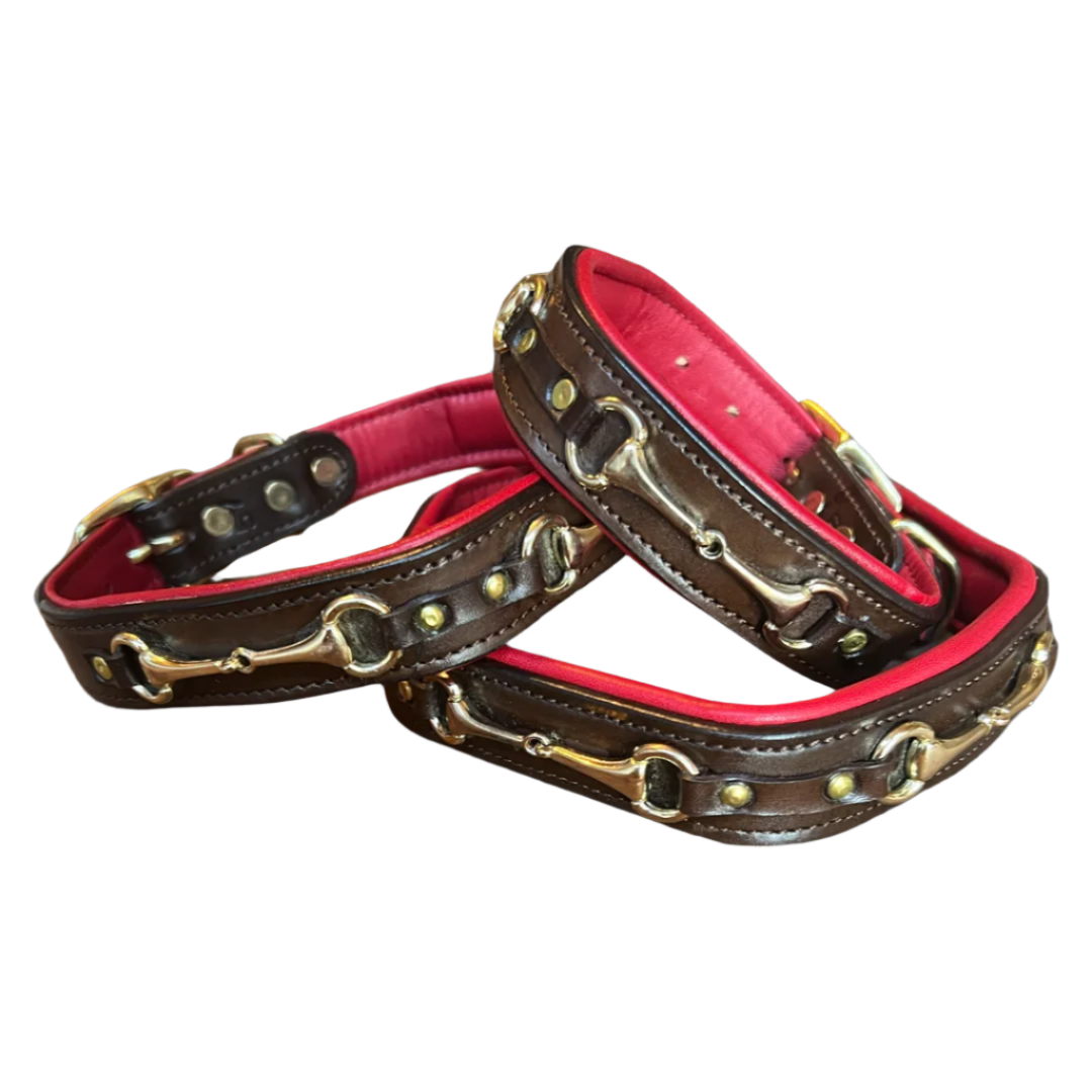 English Riding Snaffle Bit Red Padded Leather Dog Collar
