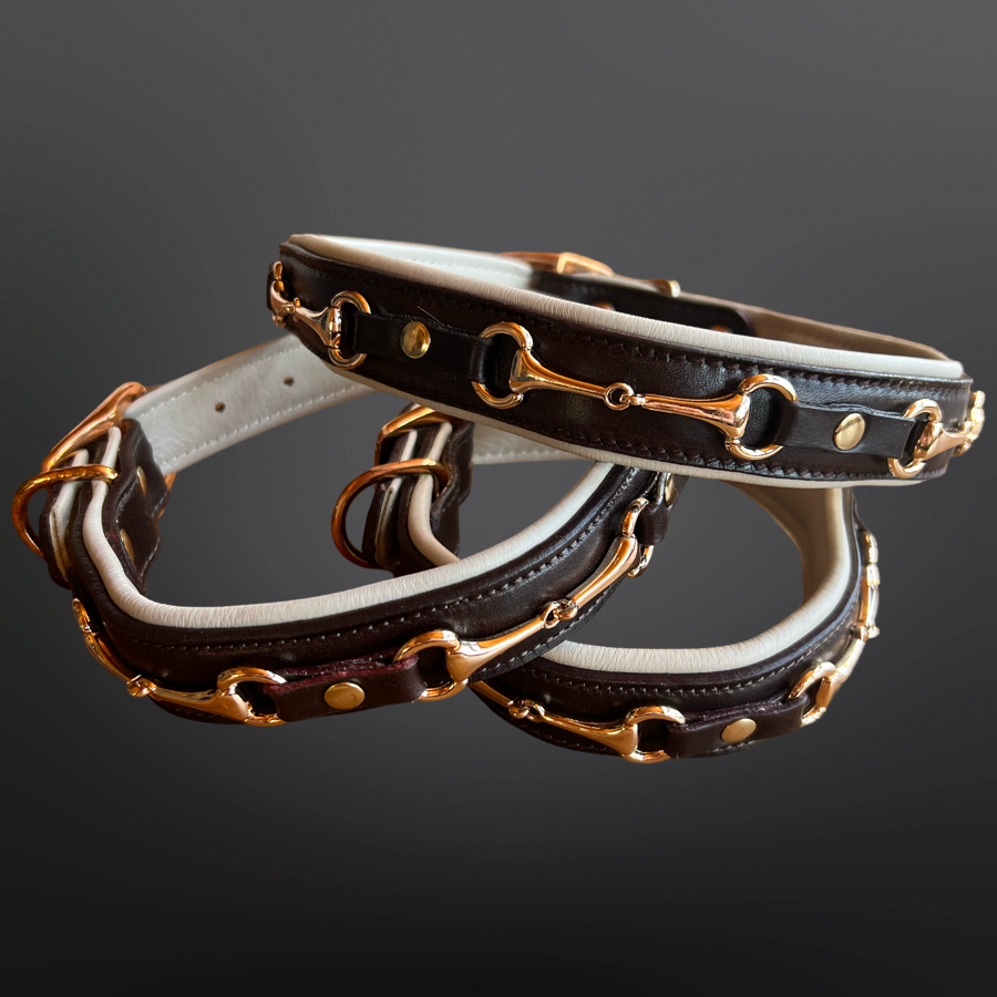 Snaffle Bit White Padded Leather Dog Collar