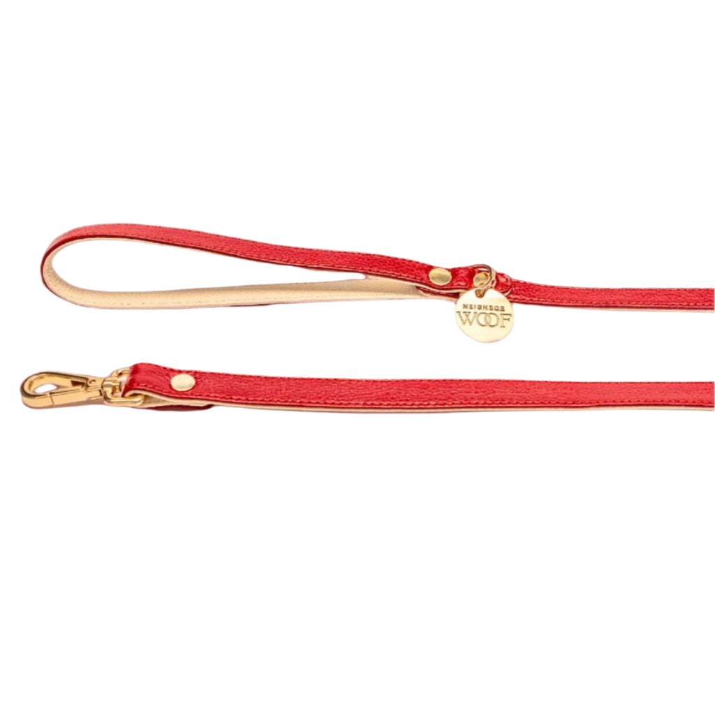 Red dog leash with gold hardware on a white background