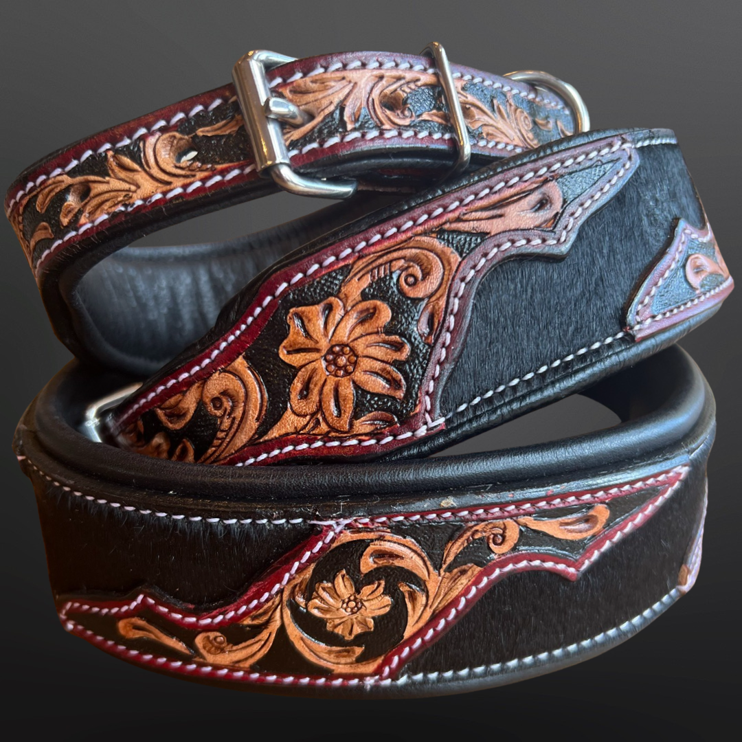 Western Saddle Inspired Leather Dog Collar - Hair On Cowhide