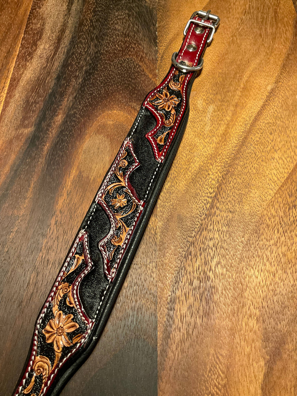 Western Saddle Inspired Leather Dog Collar - Hair On Cowhide