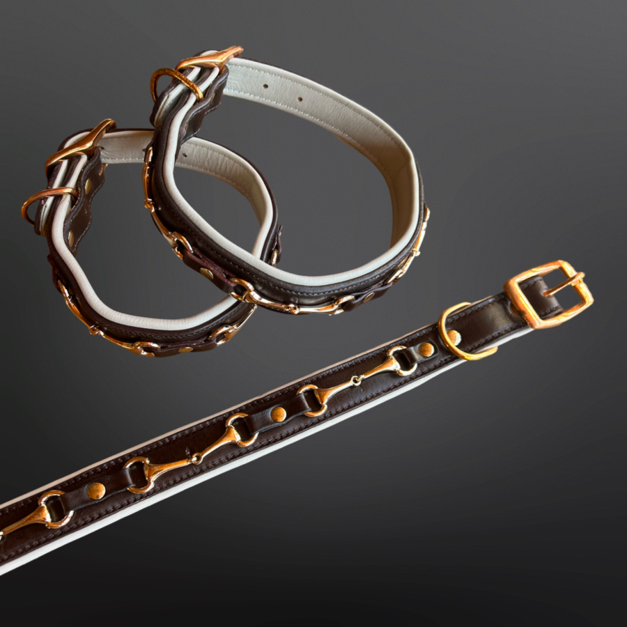 Snaffle Bit White Padded Leather Dog Collar
