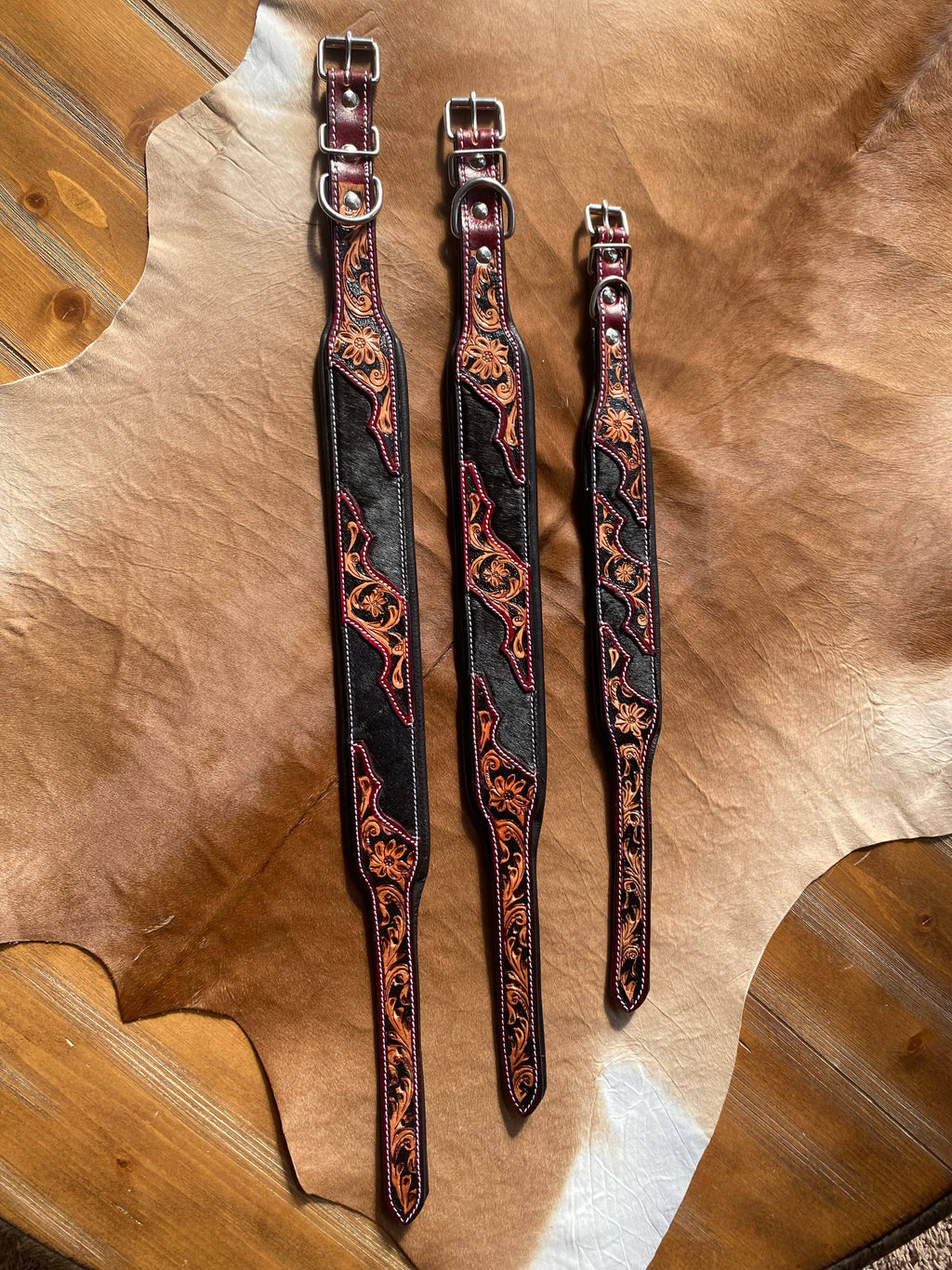 Western Saddle Inspired Leather Dog Collar - Hair On Cowhide