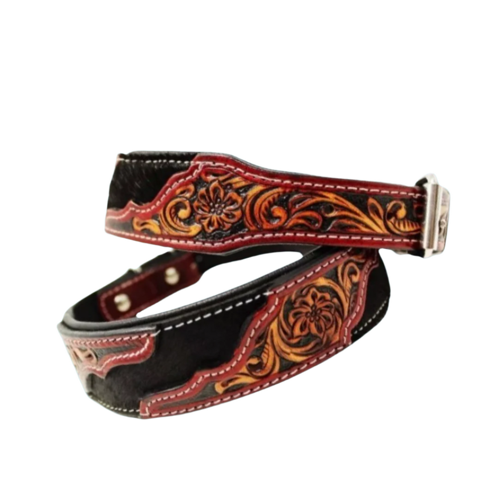 Western Saddle Inspired Leather Dog Collar - Hair On Cowhide