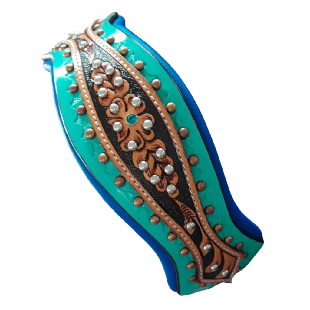 Turquoise Scalloped Western Tooled Leather Dog Collar