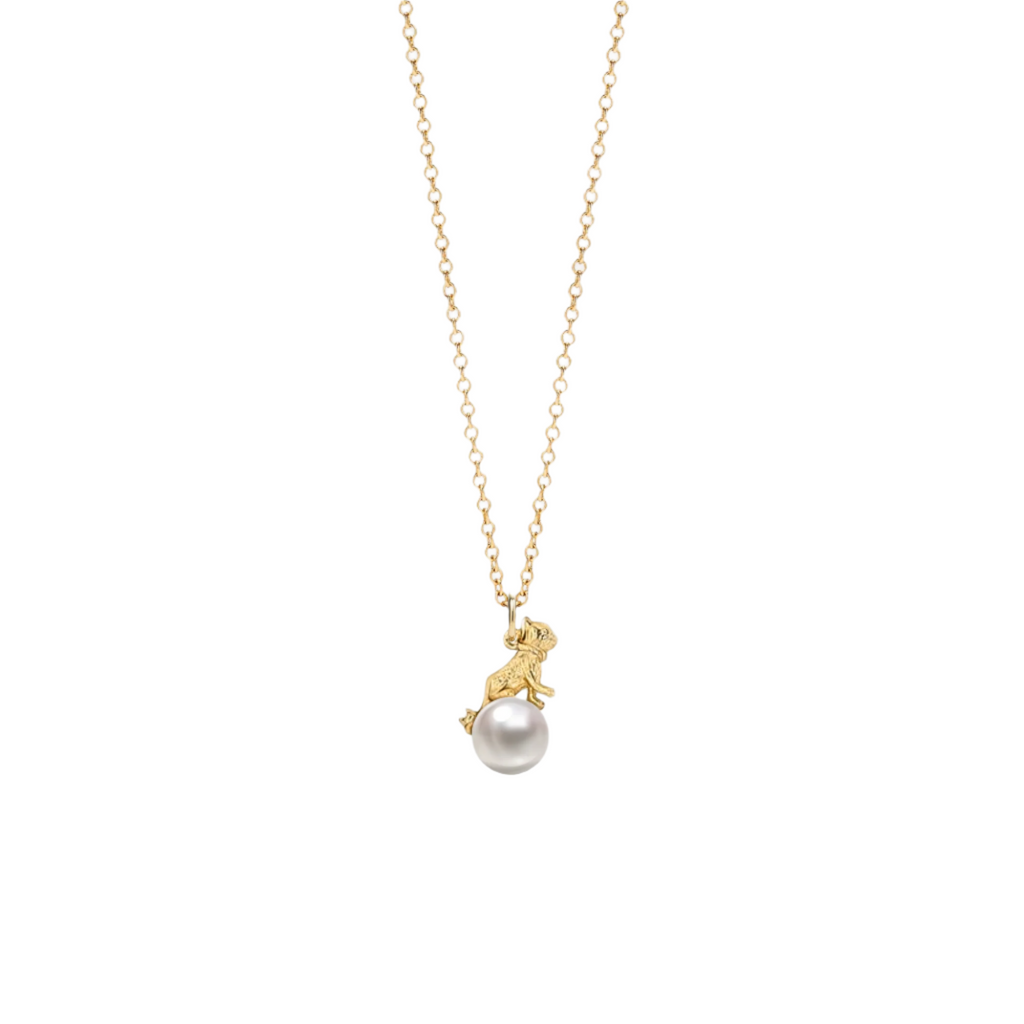 Cute Gold Cat Pearl Charm Necklace in 925 Sterling Silver