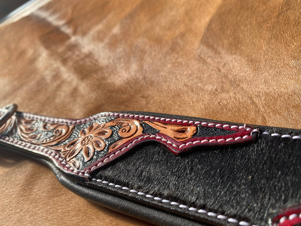 Western Saddle Inspired Leather Dog Collar - Hair On Cowhide